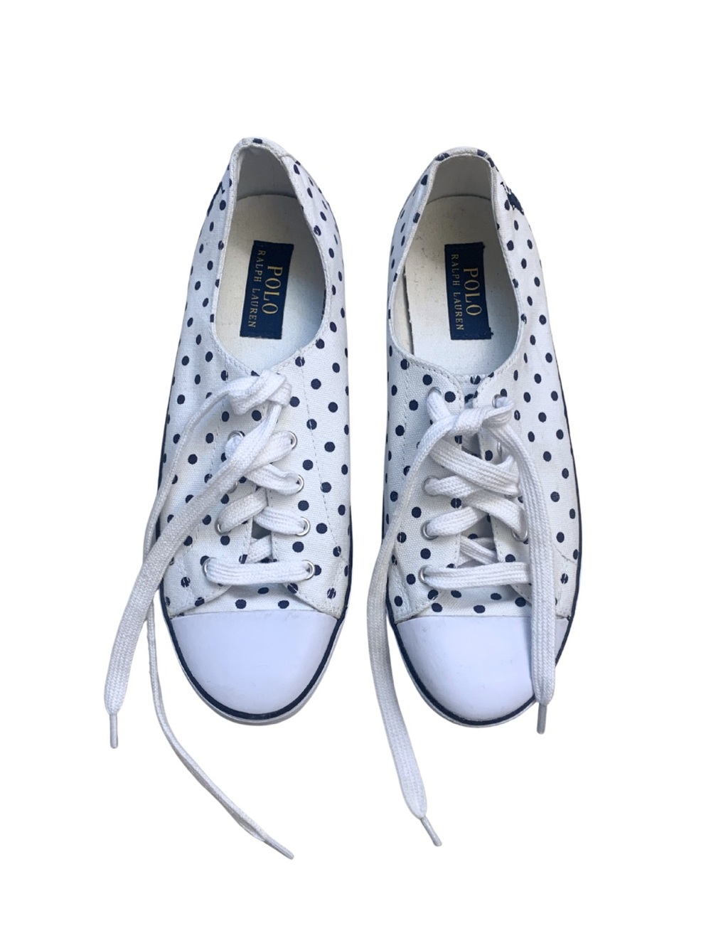 POLO Ralph Lauren White Navy Blue Canvas Polka Dot Sneakers Preppy Coastal Twee